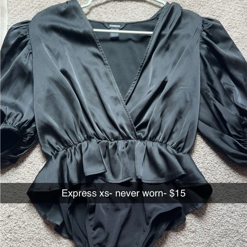 Express Black Satin Puff Sleeve Bodysuit